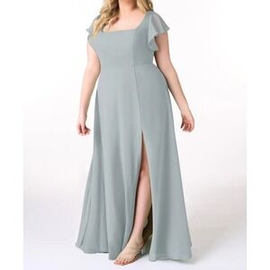Azazie Bondi Chiffon Bridesmaid Dress 16 Dolphin Gray Maxi Square Neck Slit Prom